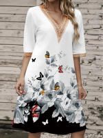 Vestido Corto Impreso Verano Con Cuello V Y Encaje Talla Grande Hasta La Rodilla Para Mujer Estilo Casual Polyester - details 13