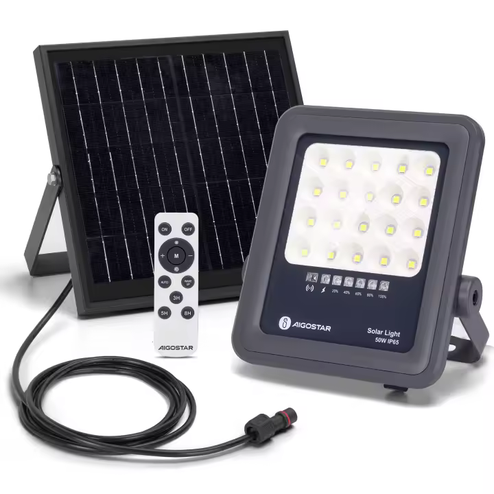 Aigostar Foco proyector LED solar con control remoto,focos solare de 50W, 500LM,luz blanca fría de 6500K,IP65 impermeable Luz solar exterior,para jardín,terrazas,caminos,garajes,cable de 2M(1) - 1