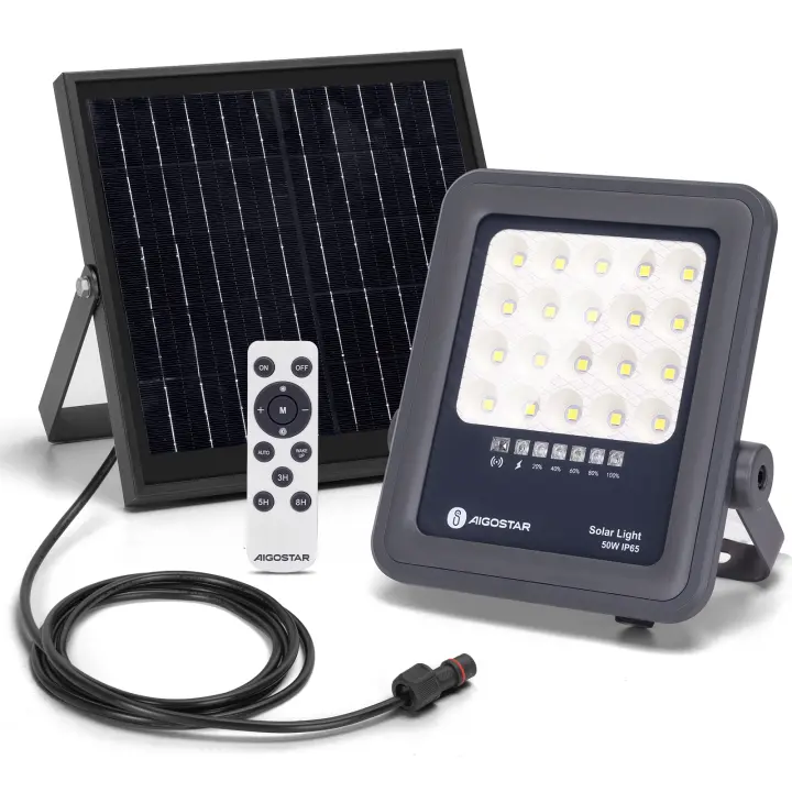 Aigostar Foco proyector LED solar con control remoto,focos solare de 50W, 500LM,luz blanca fría de 6500K,IP65 impermeable Luz solar exterior,para jardín,terrazas,caminos,garajes,cable de 2M(1) - 1