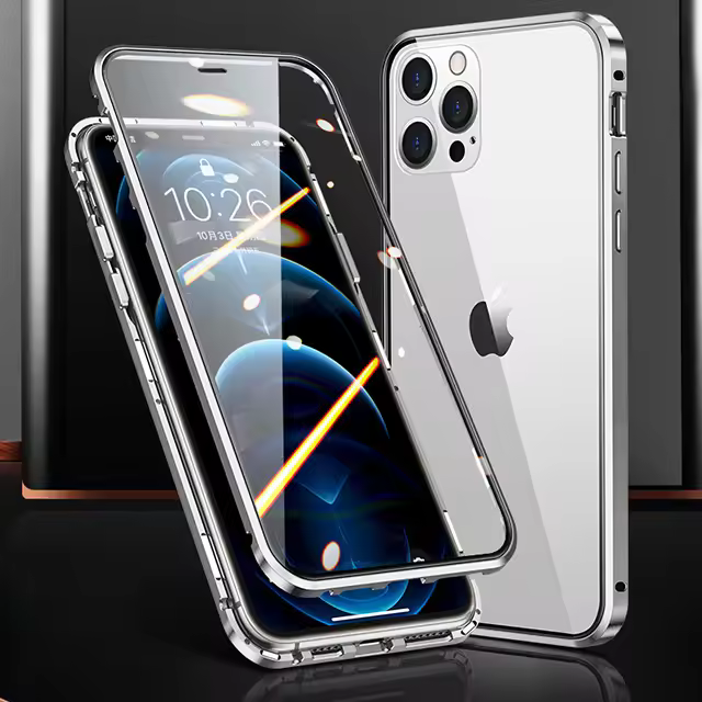 Funda De Teléfono Metálica Magnética 360° De Protección Total Para iPhone 15 14 13 12 11 pro Max X XS XR 8 7 plus Con Bumper De Vidrio Doble Lado - 1