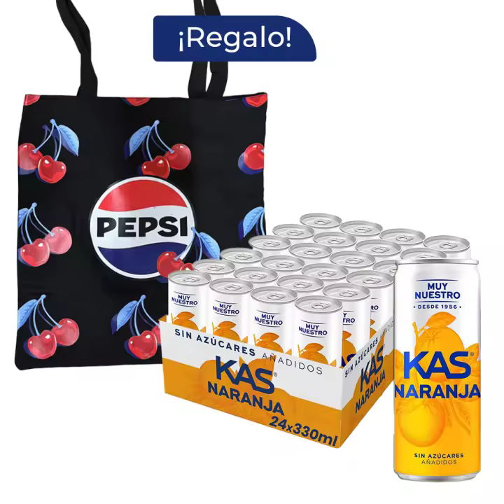 Pack Regalo Kas Naranja Zero 24 Latas x 330 ml + Tote Pepsi, Refresco de Zumo de Naranja, sin Azúcares Añadidos, Intenso Sabor Cítrico, Bebida Refrescante con Gas, Ideal para Compartir y Refrescarte en Cualquier Momento - 1