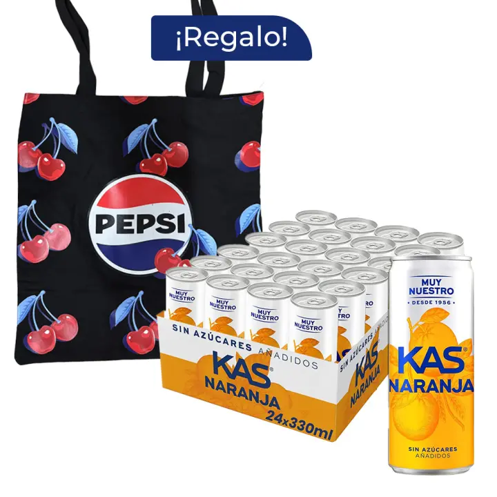 Pack Regalo Kas Naranja Zero 24 Latas x 330 ml + Tote Pepsi, Refresco de Zumo de Naranja, sin Azúcares Añadidos, Intenso Sabor Cítrico, Bebida Refrescante con Gas, Ideal para Compartir y Refrescarte en Cualquier Momento - 1