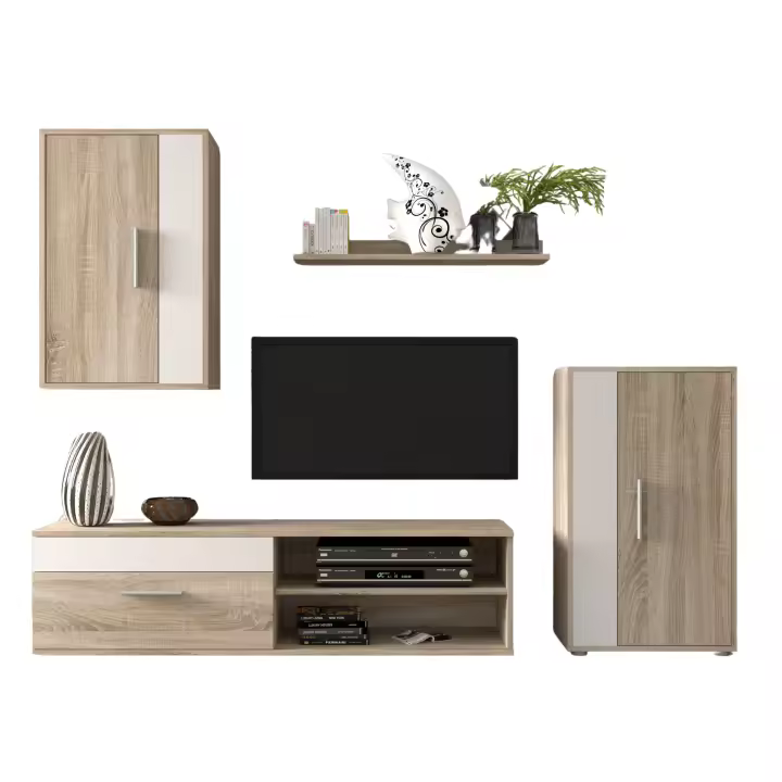 Mueble de salón modular Barato Mini acabado en color roble y blanco diseño moderno con mueble TV y columna lateral - 1