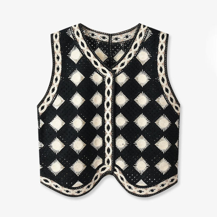 Chaleco De Punto Blanco Y Negro Para Mujer Boho Vacaciones Sin Mangas Botón Abierto Transparente Cuello V Corto Estilo Elegante