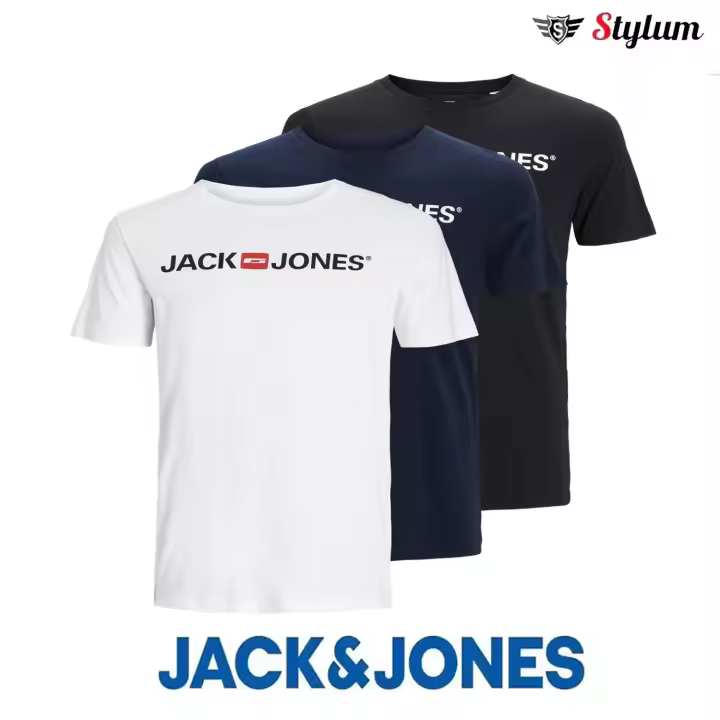 Jack & Jones hombre Pack 3 Camisetas de Algodón Serie Classics Color White - Navy - Black Moda Casual Informal - 1