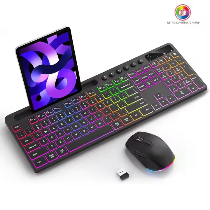 Combina De Teclado Inalámbrico Y Ratón Con Iluminación Retroiluminada Tamaño Completo Ergonómico Con Soporte Para Teléfono Y Tableta 2.4G Ratón Para PC Y Laptop - 1