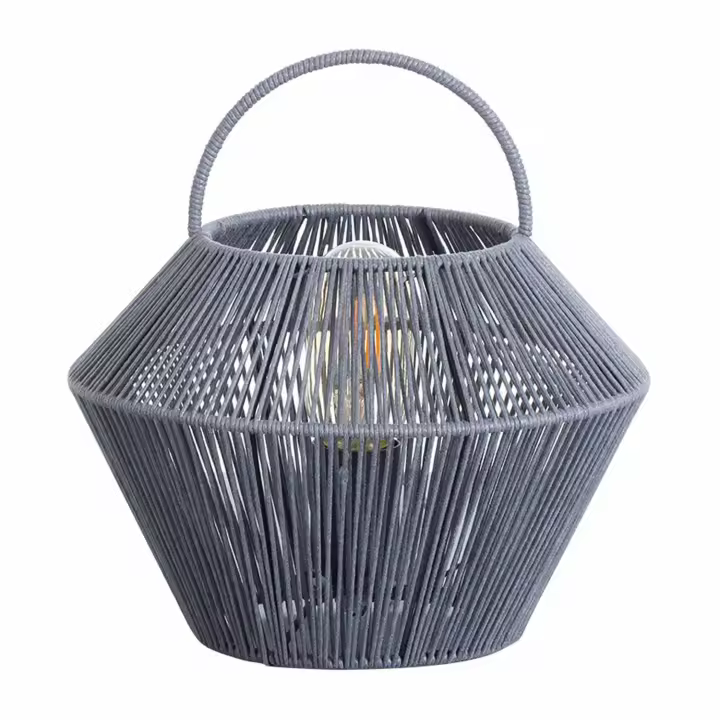 Lámpara de Mesa Gris Estilo Mediterráneo | Modelo Shaoran O91 | Lámpara en Forma de Cesta de Papel Trenzado y Ratán | Ideal para Salón, Comedor o Mesitas de Noche | 24x24x25cm - 1