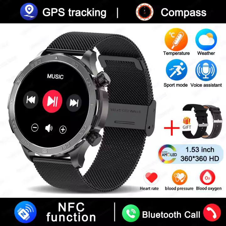 2024 Reloj Inteligente hombres 1.53 "pantalla AMOLED de alta definición, HD llamada Bluetooth,trayectoria GPS, NFC, reloj inteligente hombre, Brújula, impermeable ip68,Heart rate,100+ Modo deportivo al aire libre Para Android Ios nuevo Men's Smart Watch - 1