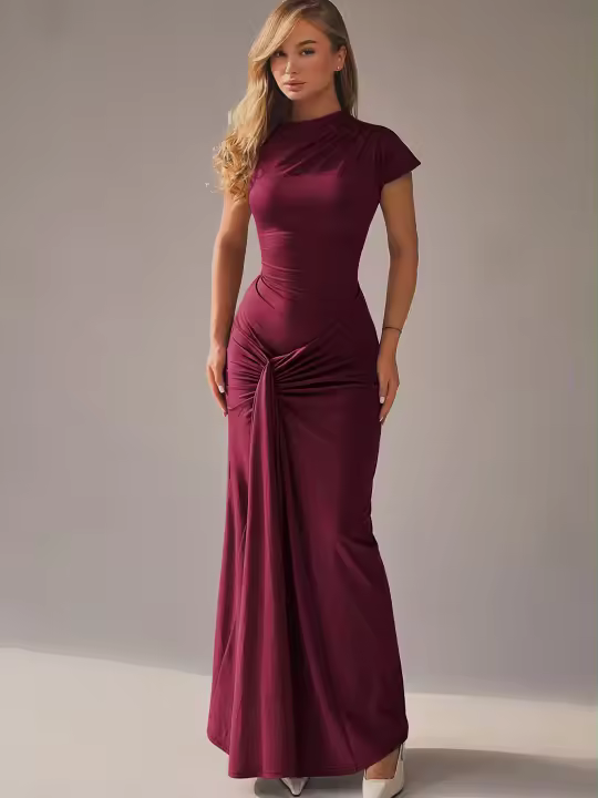 Vestido Maxi Dulzura Con Cuello Asimétrico Y Volantes Manga Corta Cierre De Lazo Elegante Y Sexy Para Fiesta Club Y Calle Moda Primavera - 1