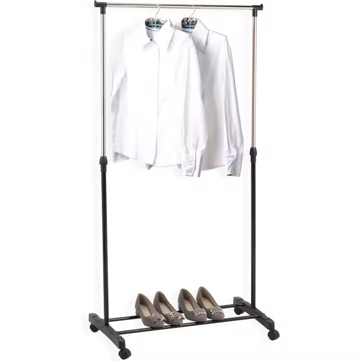 Perchero Móvil con Ruedas Metalizado Negro, Altura Ajustable 90-160 cm - Burro para Ropa Extensible, Estante para Zapatos, Montaje Sin Herramientas, Diseño Minimalista para Entrada/Habitación/Lavandería Organizador de Camisetas Ahorro Espacio, Minimalista - 1