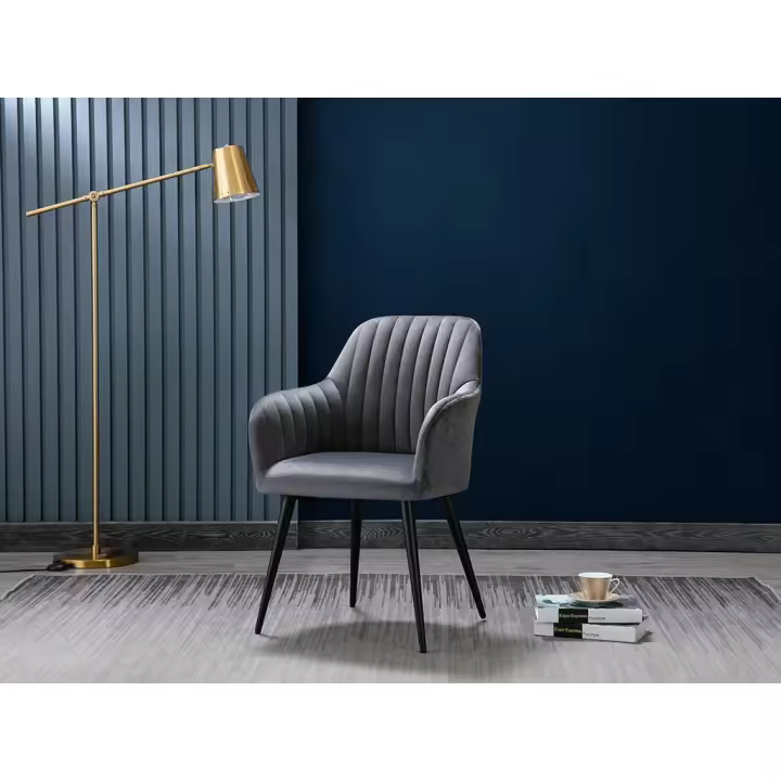 Vente-unique - Juego de 2 sillas con brazos - Terciopelo y metal negro - Gris - ELEANA - 1
