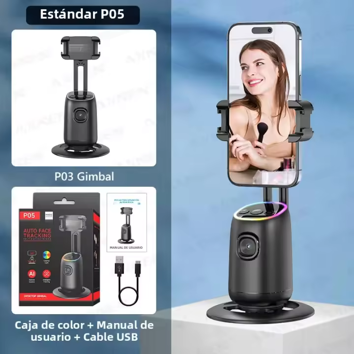 Gimbal Estabilizador P05 Soporte De Teléfono Móvil Para Escritorio Con Control Por Gestos Y Luz Adicional Opcional Rota 360 Grados Compatible Con AI Y Control Remoto Negro - 1