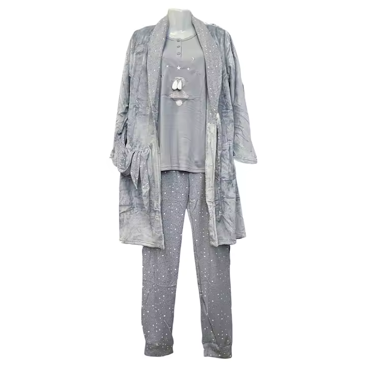 pijama de mujer de 3 piezas - camiseta y pantalon manga larga de algodon - bata de coralina con cinturón y bolsillos,  grueso y cálido, suave y cómodo para dormir, ropa de hogar - Adecuado para otoño e invierno - 12616 - 1