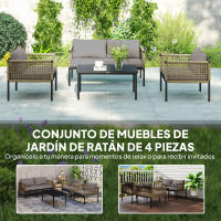 Outsunny Conjunto de Jardín Exterior de Ratán Sintético de 4 Piezas Muebles de Jardín Exterior Incluye 1 Sofá Doble 2 Sillones y Mesa de Centro con Cojines Natural y Gris - details 3