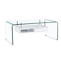 Mesa NEWARK, baja, estante blanco, cristal curvado, 110 x 60 cm Mesa baja multiuso de diseño.  -Cristal curvado de 12 mm. de espesor acabado transparente.  -Estante colgado de madera con hueco y cajón en acabado blanco. - details 0