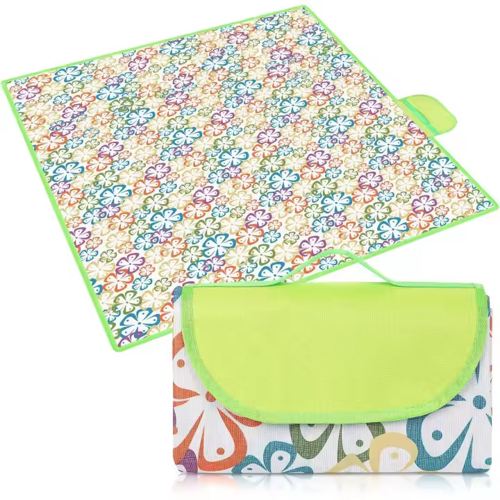 Manta de picnic de 195 x 200 cm, con asa de transporte, portátil y plegable, ideal para camping, parques, picnics y playas (flor de colores). - 1