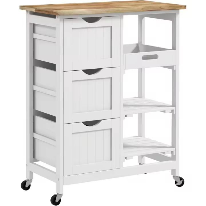 Carro de Cocina Carrito Auxiliar con Ruedas Carrito Verdulero con Tablero de Madera 3 Cajones 2 Estantes Abiertos y Bandeja Extraíble para Comedor Salón 67x37x85,5 cm Blanco - 1