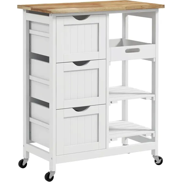 Carro de Cocina Carrito Auxiliar con Ruedas Carrito Verdulero con Tablero de Madera 3 Cajones 2 Estantes Abiertos y Bandeja Extraíble para Comedor Salón 67x37x85,5 cm Blanco - 1