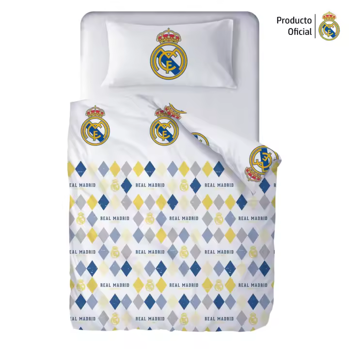 Real Madrid CF - Funda Nórdica Real Madrid Blanco Rombos, Licencia Oficial, 2 Piezas, Diseño Escudo Centrado - 1