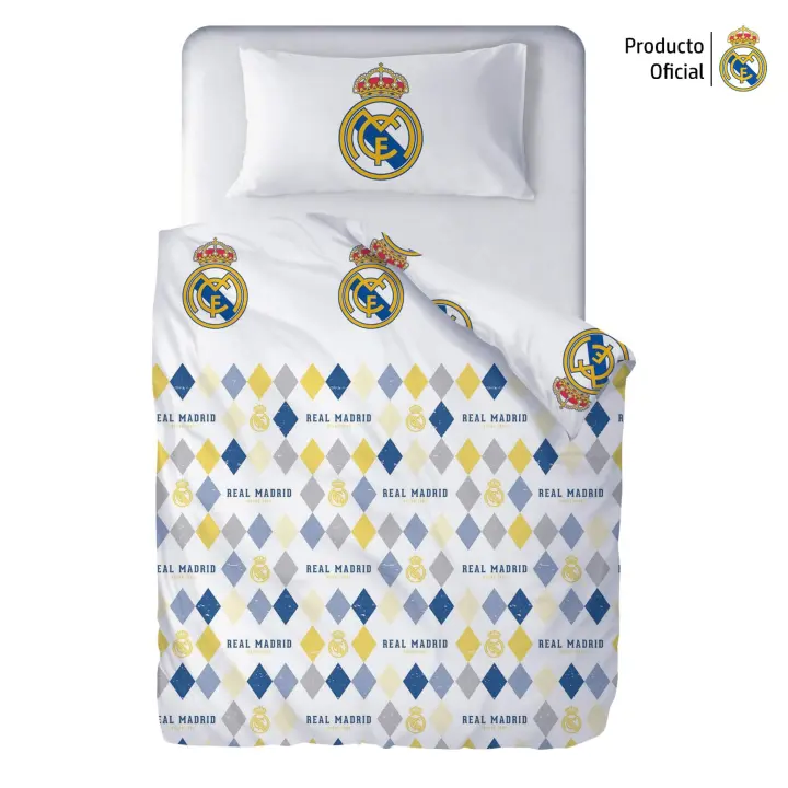 Real Madrid CF - Funda Nórdica Real Madrid Blanco Rombos, Licencia Oficial, 2 Piezas, Diseño Escudo Centrado - 1