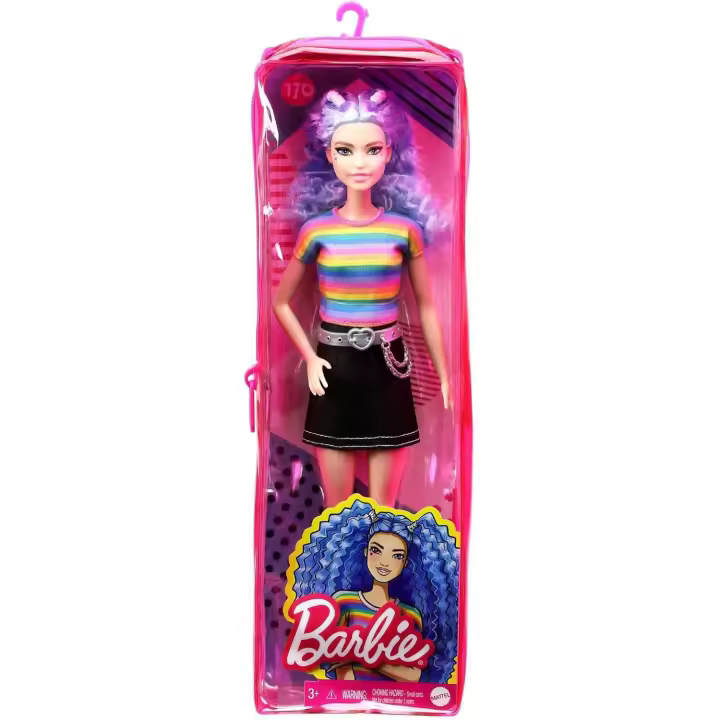 Barbie Fashionista Muñeca Pelo Violeta con Top Arcoiris, Falda Vaquera y Accesorios de Moda Mattel GRB61 - Estilo de moda irresistible para diversión sin límites - 1