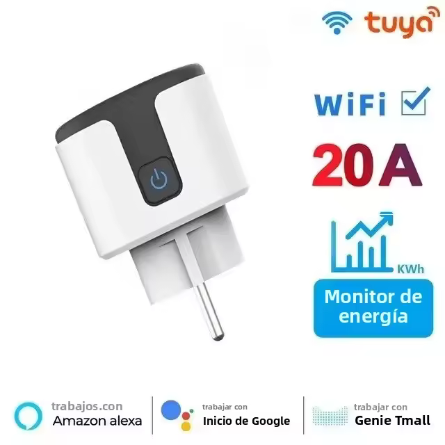 Enchufe Inteligente WiFi EU Con Aplicación Tuya 20A Adaptador Monitor De Energía Control Remoto Por App Compatible Con Google Home Alexa - 1