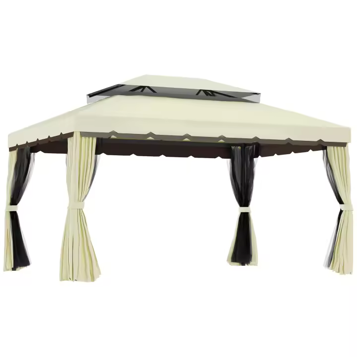 Outsunny Cenador de Jardín 4x3 m Gazebo de Aluminio con Techo de Ventilación 4 Cortinas Laterales 4 Mosquiteras y 8 Orificios de Drenaje para Fiestas Eventos Exterior - 1