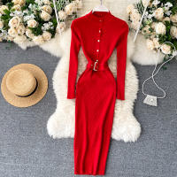 Vestido REALEFT De Punto Para Mujer Con Cuello Alto Y Mangas Largas Estampado Sólido Estilo Casual Vestido De Abrazo Largo Hasta La Rodilla Para Otoño E Invierno - details 35