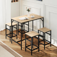 HOMCOM Juego de Mesa y Taburetes de Bar, Mesa Alta de Cocina con 4 Taburetes Industrial, con Reposapiés, Ahorro de Espacio, para Espacios Reducidos, Comedor, Salón, Roble - details 1