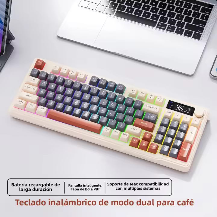 Teclado Inalámbrico M96 Bluetooth Para Gaming Con Pantalla Ergonómico Multidevice Conexión Electrónica De Parche Conductivo Estilo Laptop Y Tablet Iluminación Multicolor - 1