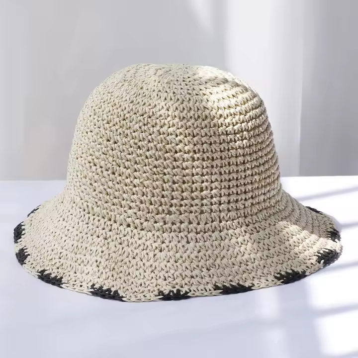 Sombrero De Paja Tejido En Crochet Sombrero De Barril Para Mujer Protección UV Sombreros De Playa Plegables Verano Con Visera - 1