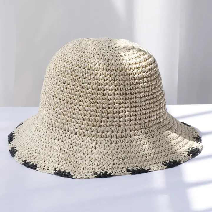 Sombrero De Paja Tejido En Crochet Sombrero De Barril Para Mujer Protección UV Sombreros De Playa Plegables Verano Con Visera - 1