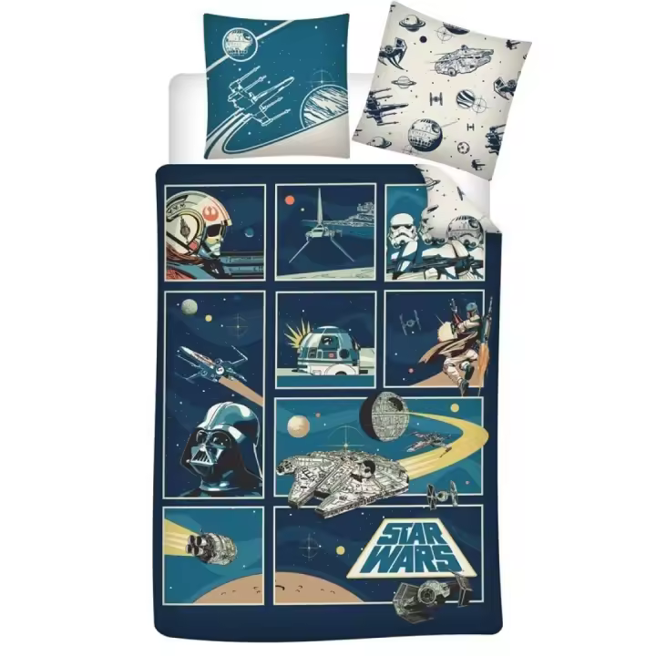 Funda Nórdica Reversible Star Wars Retro para Cama de 90 o 105cm Algodón 100%, Medida 140x200 cm, más 1 Funda Cojín 65x65cm - 1