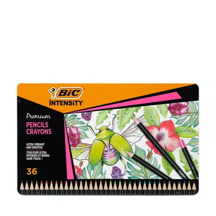 BIC Intensity Premium Woodcase Lápices de Colores con Mina Suave a Prueba de Borrones para difuminar y Sombrear - Colores Surtidos, Caja de Metal de36 - 1