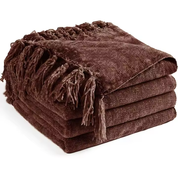 LONG CREATE Chenille Throw Blanket for Couch 50"X 60", Soft Cozy Throws with Fringe Tassel for Bed Sofa Chair Cover, Lightweight Knitted Decorative Boho Blankets for Living Room, Mauve - 1