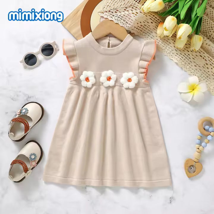 Vestido de Bebé de punto para Niña, enaguas sin Mangas, ropa Infantil con volantes sólidos, Monos Lindos florales, falda para niños - 1