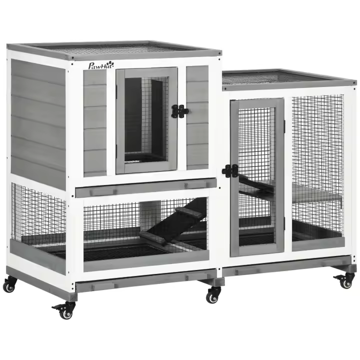 PawHut Conejera de Madera de 2 Niveles Jaula para Conejos con 6 Ruedas 2 Escaleras 3 Bandejas Extraíbles Puertas con Cerraduras y Zona Abierta Conejera para Interior 110x50x86 cm - 1