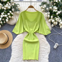 Nuevo Verano 2025 Vestido Corto De Mujer En Negro Con Manga Batwing Suave Y Elástico Estilo Bandage Casual Silueta Bodycon - details 1