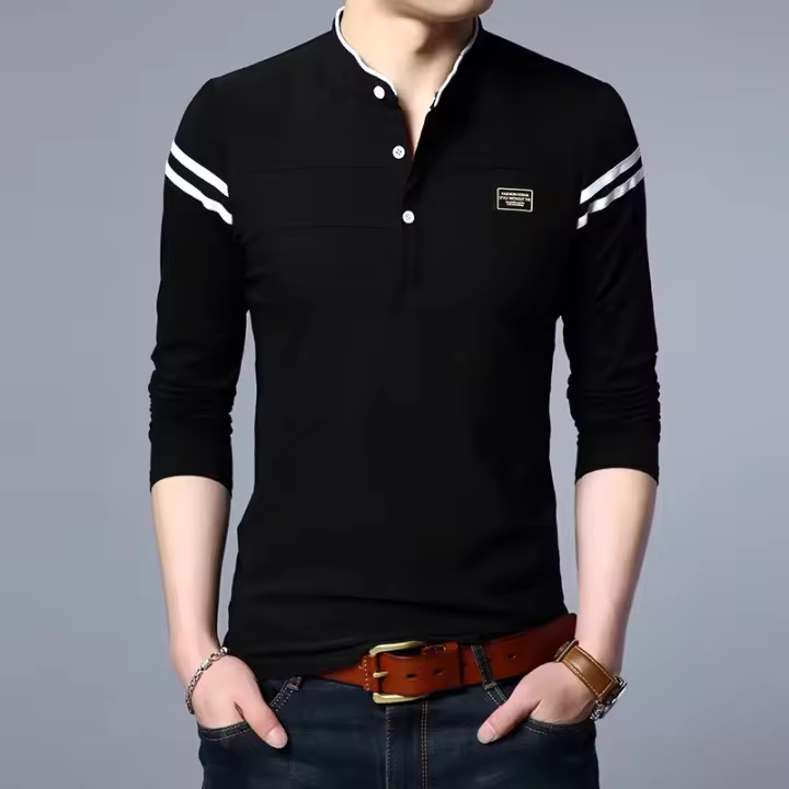 Camisa Polo De Manga Larga Para Hombre Moda Casual Algodón Transpirable Cuello Erguido Estilo Coreano Cómoda Top Striped Anti-Pilling - 1