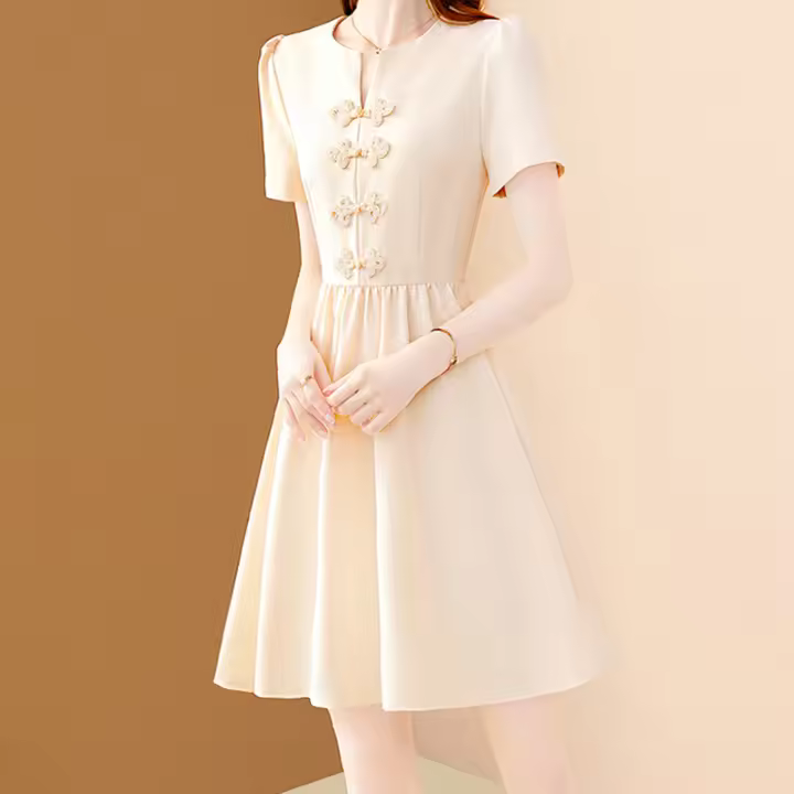 Vestido EVNISI Para Mujer Vintage Botones Chinos V-cuello Elegante Oficina Manga Corta Casual Fiesta A-line Summer - 1