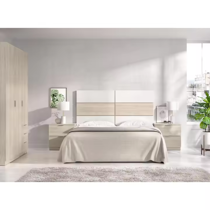 DEKIT GRUPO RIMOBEL ASTRA PACK - CONJUNTO DE CABECERO CON DOS MESITAS DE 2 CAJONES Y ARMARIO DE 3 PUERTAS Y 3 CAJONES - BLANCO / NATURAL - 1
