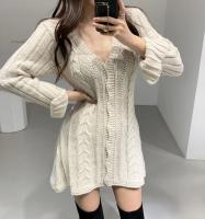 Vestido De Suéter Para Mujer Con Manga Larga Tejido En Cable Botón Abajo Mini Vestido A-Line Casual Para Otoño E Invierno Chic - details 6