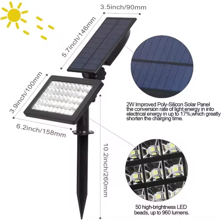 T-sun con 1/2 uds de  50 LED luz Solar al Aire Libre IP44 decoración de jardín lámparas solares iluminación al Aire Libre Foco de Pared para jardín al Aire Libre - 1