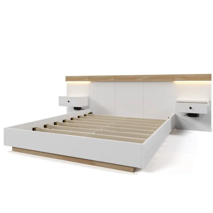 Cama Doble Cama con 2 tocadores LED junto a la noche y Toma USB C 140x200 cm Cama de Madera incluye 2 Mesitas de noche Full Dormitory -- 205x244x90,5 cm (L/AN))/A) juego De Roble Sonoma/Blanco (sin colchón) - 1