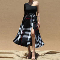 Vestido Elegante Para Mujer Con Un Hombro Largo Manga Completa Estampado Cintura Alta Abertura Vestido Para Cumpleaños Y Fiestas Nocturnas - details 7