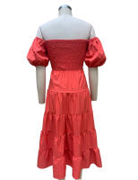 BAMBOOBOY Vestido Largo De Verano Para Mujer Hombros Descubiertos Color Sólido Manga Corta Puff Cuello Abierto A-Line Cintura Alta Midi Sundress - details 5