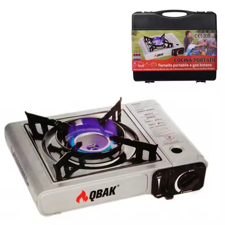 Tradineur - Cocina portátil a gas con un hornillo, mini cocina de camping compacta y ligera, 1 fuego, con maletín de transporte, acampada (Color aleatorio) - 1