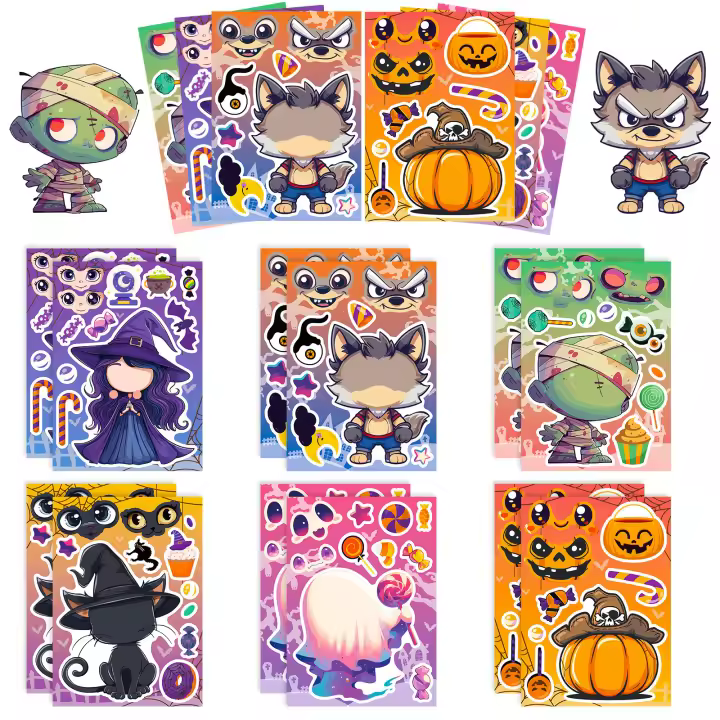 Juego De Puzles De Calcomanías DIY Para Halloween 6 Hojas Con Diseños De Calabaza Fantasma Mummy Bruja Divertido Para Niños - 1
