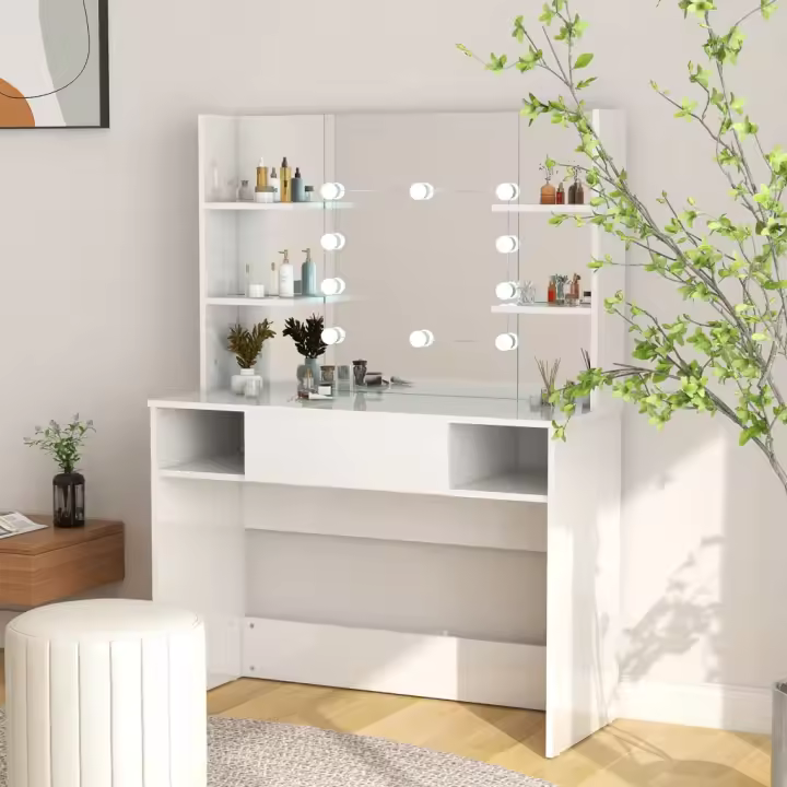 vidaXL Tocador de maquillaje luces LED MDF blanco brillo 100x40x135 cm - 1