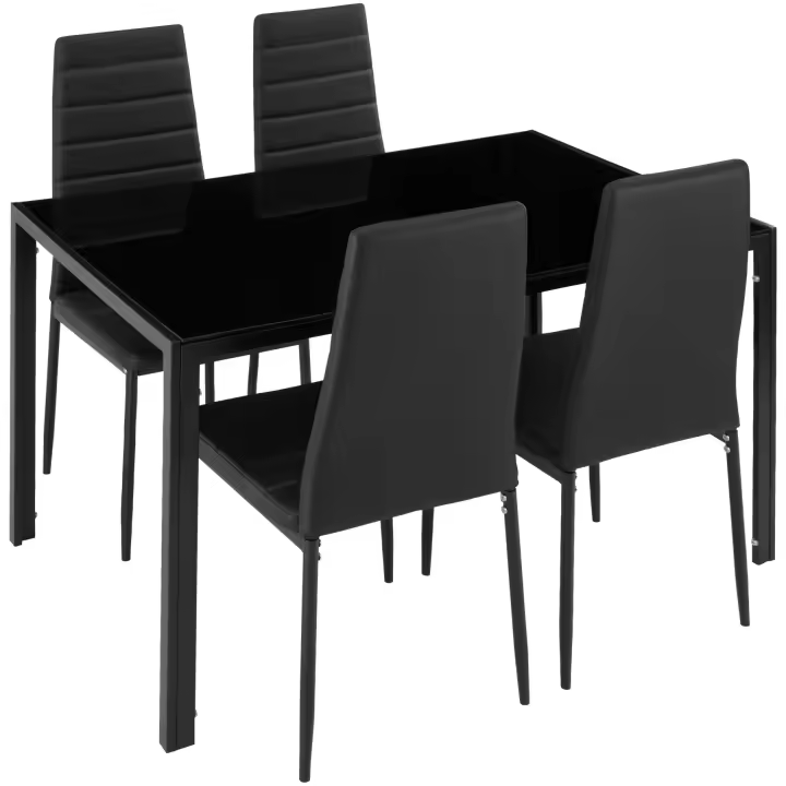 Tectake - Conjunto de mesa y 4 sillas de comedor BERLIN, Acolchado con funda de cuero sintético muy resistente, Tablero de la mesa robusto, de vidrio de seguridad, Acero estable, Protectores de plástico en las patas para proteger el suelo de arañazos - 1